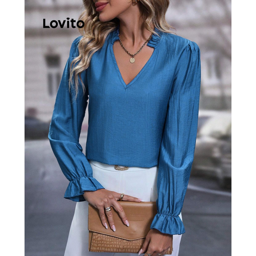 Lovito 女款休閒素色荷葉邊泡泡袖襯衫 LBL11045