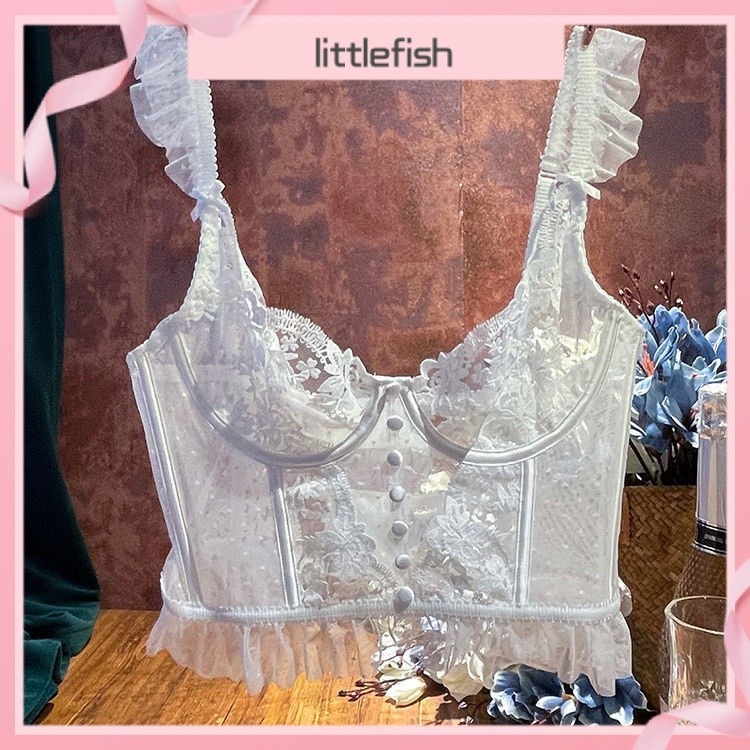 【Littlefish】蘿莉塔風 很仙 法式 吊帶性感 內衣 精美 刺繡 超薄 蕾絲 帶鋼圈 外搭 內衣