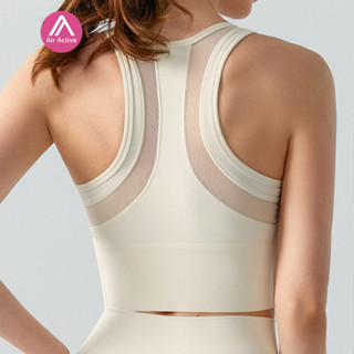 運動瑜伽內衣固定胸墊前防爆扣拉鍊後網帶拼接背心。