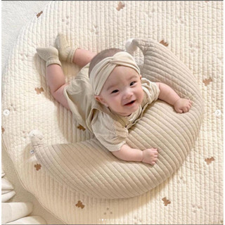 韓國ins純棉毛球月亮抱枕靠墊寶寶兒童枕頭可拆洗哺乳枕孕媽可騎枕頭絎縫刺繡月牙枕