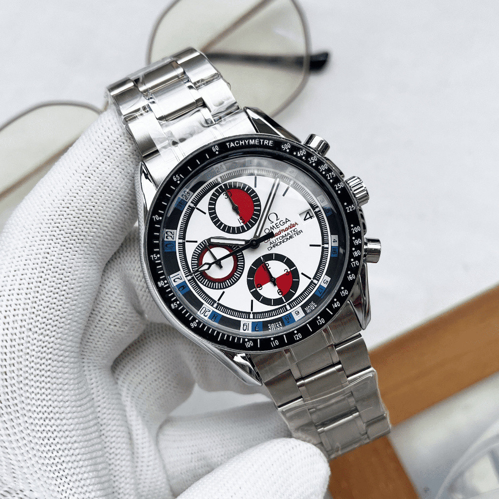 Omegaer Omega 機芯防水中性風格瑞士手錶白色錶盤不銹鋼錶帶