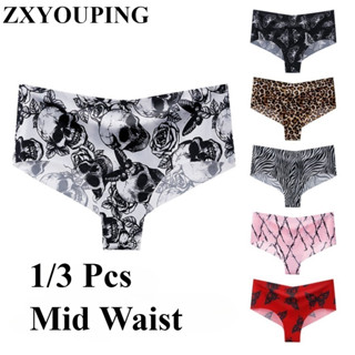 Zxyouping 1/3 件女士內褲無縫中腰內褲套裝性感連體冰絲印花內衣 S-XL