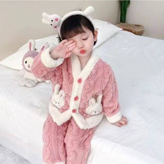 兒童睡衣套裝女童加厚法蘭絨珊瑚女孩家居服前開扣秋冬季寶寶加絨