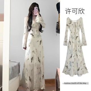 【店鋪熱銷】新中式洋裝春季新款法式復古氣質設計款蝴蝶收腰顯瘦長袖長裙