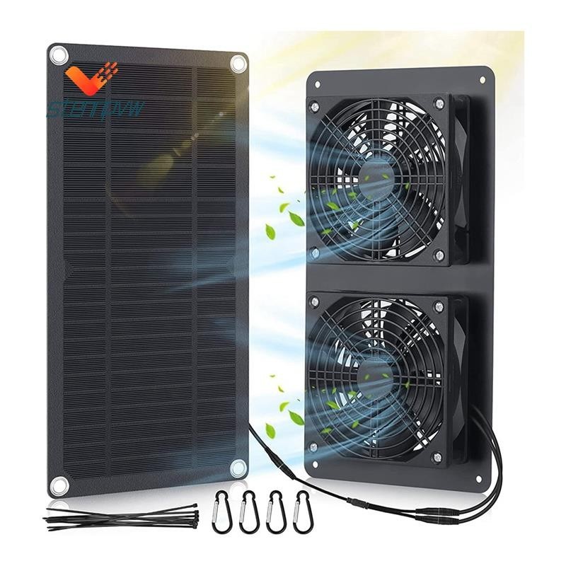 太陽能電池板風扇套件,10w DC 12V 太陽能電池板供電雙風扇,帶 6.56Ft/2M 電纜,適用於雞舍、棚子、狗屋