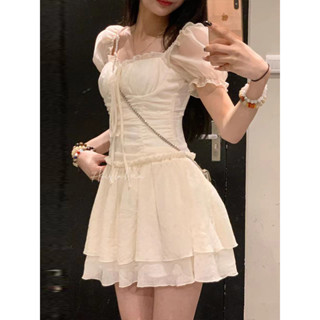 OL7R 「白茶清歡」泡泡短袖甜美洋裝女夏季氛圍感重工白色桔梗短裙子
