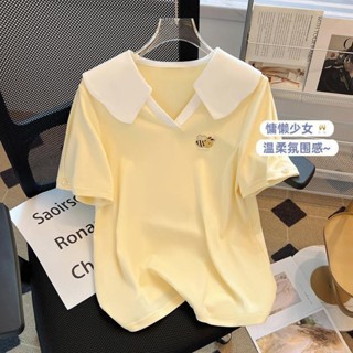 促銷】夏天衣服 短袖T恤女 大尺碼胖MM衣服 韓版V領Polo短袖T恤女 2024年夏季新款設計感小眾刺繡上衣 女生衣著