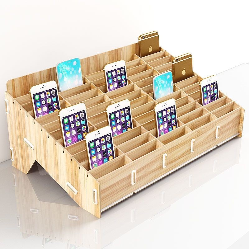 會議教室收納架子手機收納盒保管理盒桌面多格木質螢幕存放盒放置