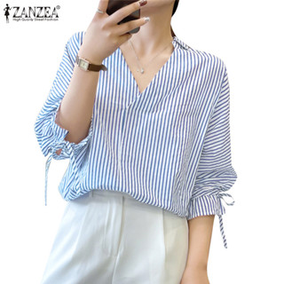 Zanzea 女式韓版日常休閒 V 領 3/4 袖繫帶袖口條紋襯衫