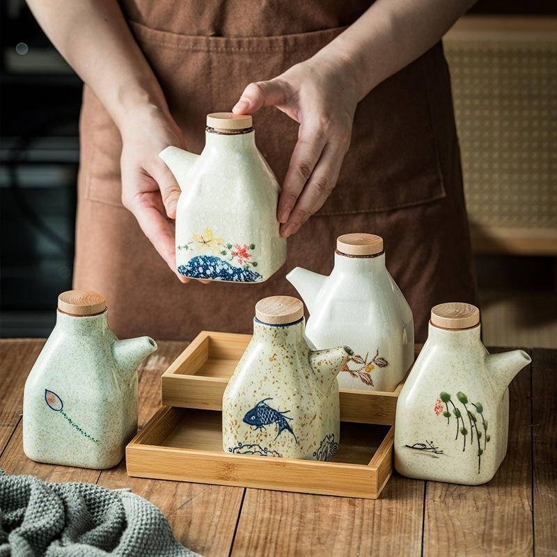 陶瓷清彩油壺 日式調味瓶 復古料理調味瓶 帶把醬油壺 醋壺 和風創意調料壺
