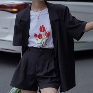 白領麗人 韓國chic夏季復古寬鬆短袖西裝外套+高腰闊腿西裝短褲兩件套