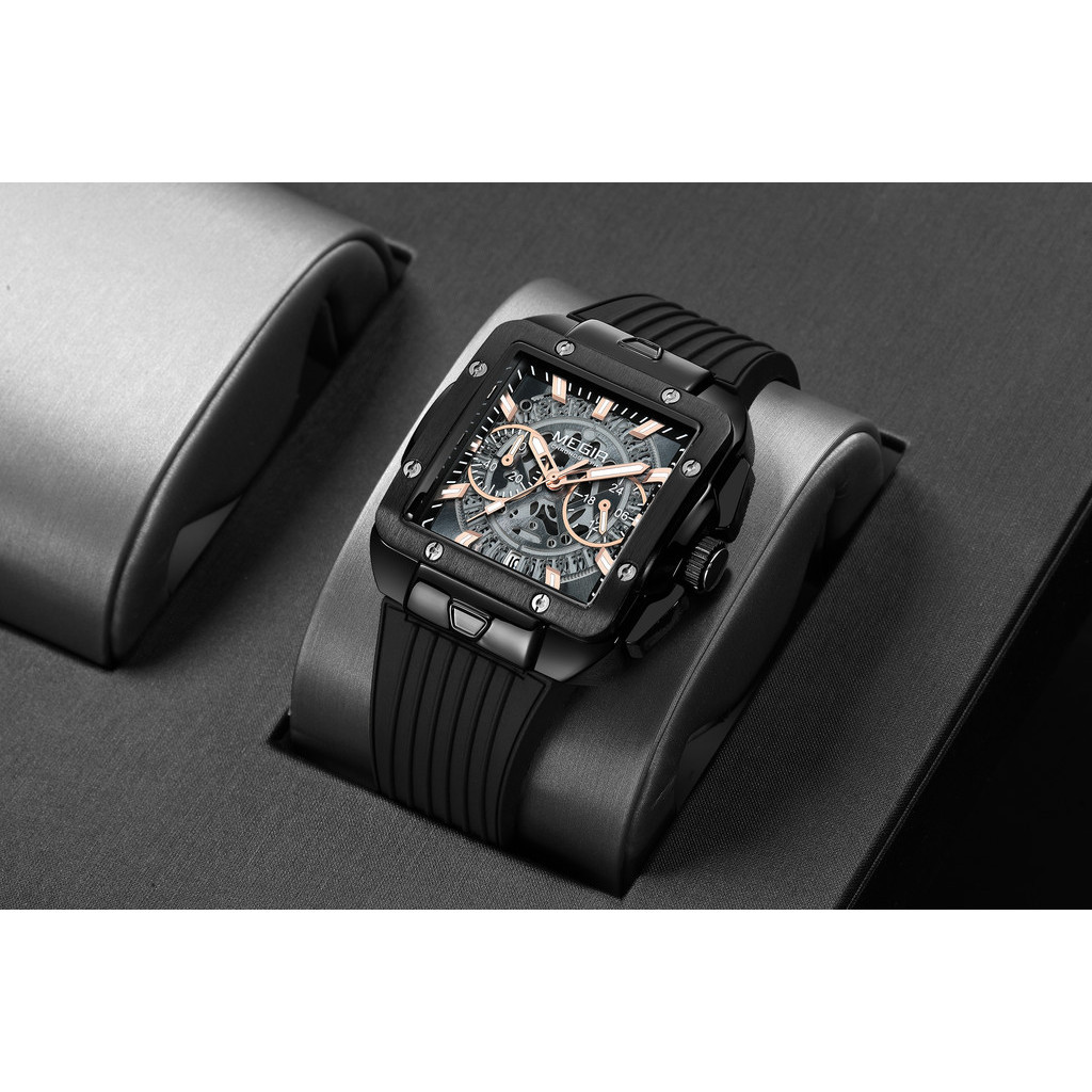 Megir 2228 方形矽膠錶帶手錶時尚男士鏤空錶盤多功能計時計時碼表石英腕錶男 ﻿