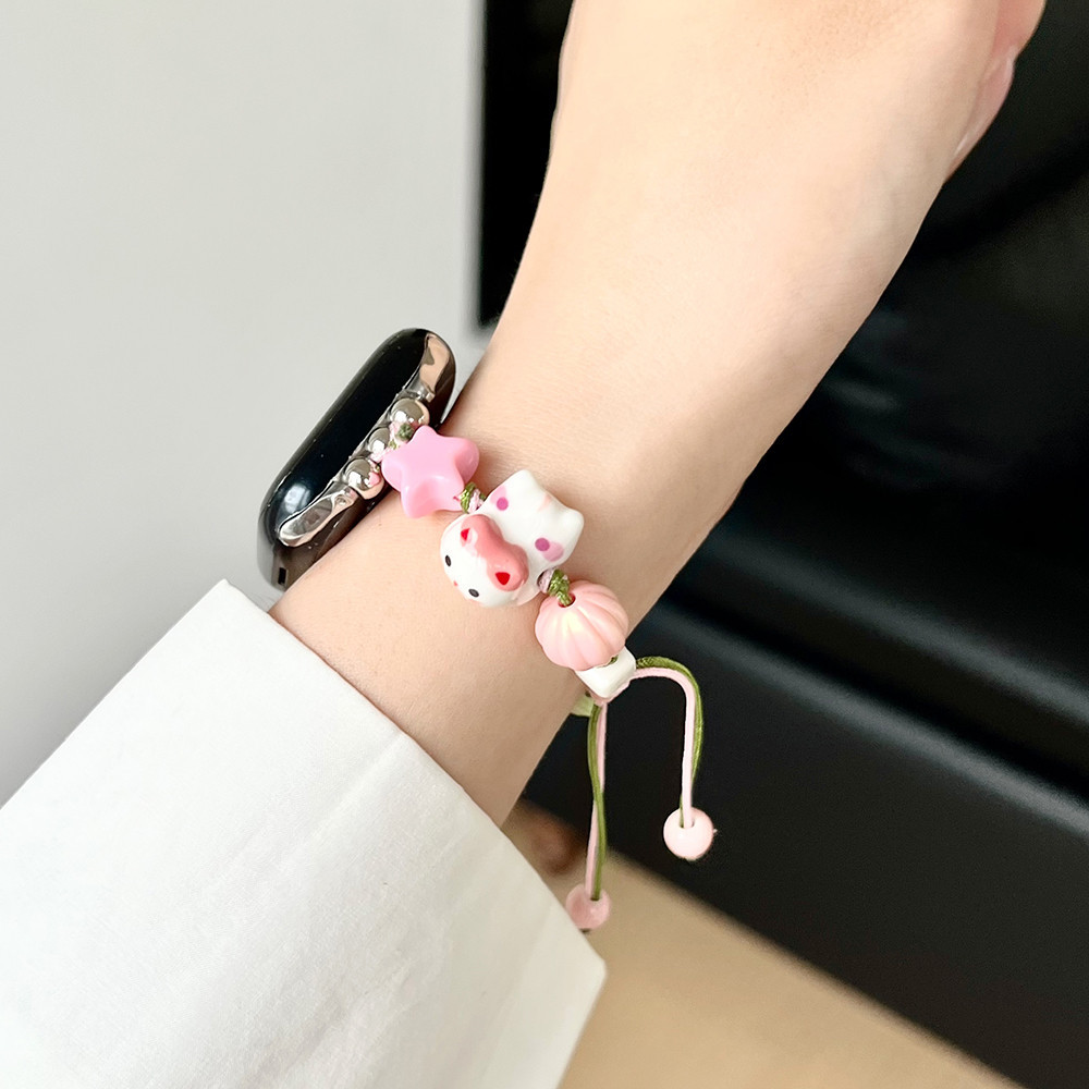 陶瓷珠編織繩錶帶適用於 Apple watch Series 3 4 5 6 SE 7 8 9 ultra 2 可愛貓咪