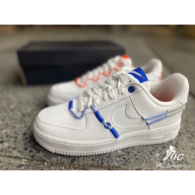 高品質 Sneakers Nike Air Force 1 白橘藍 鴛鴦 抽繩 休閒鞋 DH448-100
