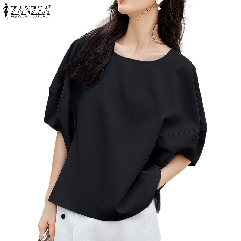 Zanzea 女式韓版休閒純色寬鬆 U 領短袖襯衫