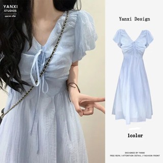 【F-store】雪紡洋裝2024小香風小個子高級感v領長裙淺藍色女夏季