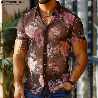 Incerun 男士復古透視花卉印花短袖寬鬆襯衫