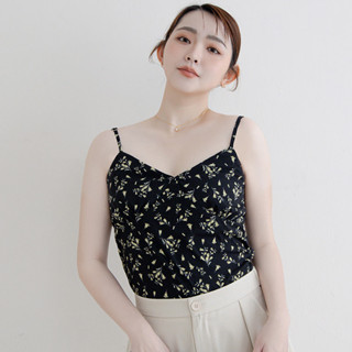 【PolyLulu】 MISS.清新V領碎花後鬆緊細肩帶背心 中大尺碼上衣 黑色