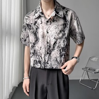 夏季短袖花襯衫男 髮型師潮牌ins痞帥高階感五分袖襯衫 冰絲網紅上衣