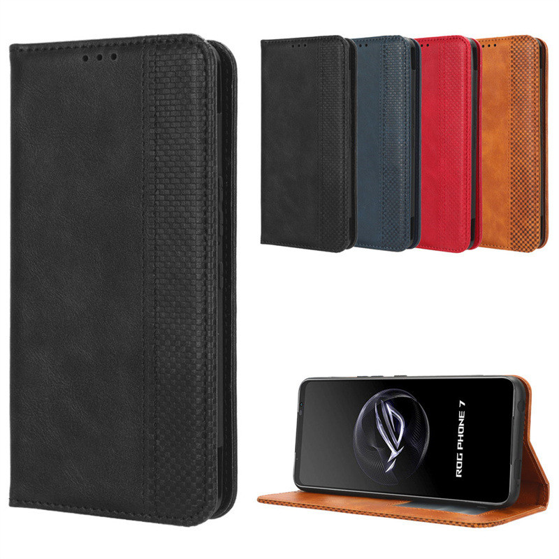 適用華碩Rog7手機殼插卡Asus ROG Phone 7磁吸翻蓋皮套復古紋跨境