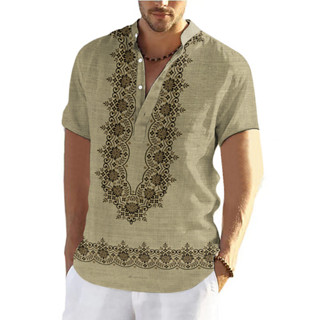 夏季新款時尚 Barong 男士立領短袖上衣傳統部落花卉印花東盟衣服戶外寬鬆休閒超大民族復古男式襯衫