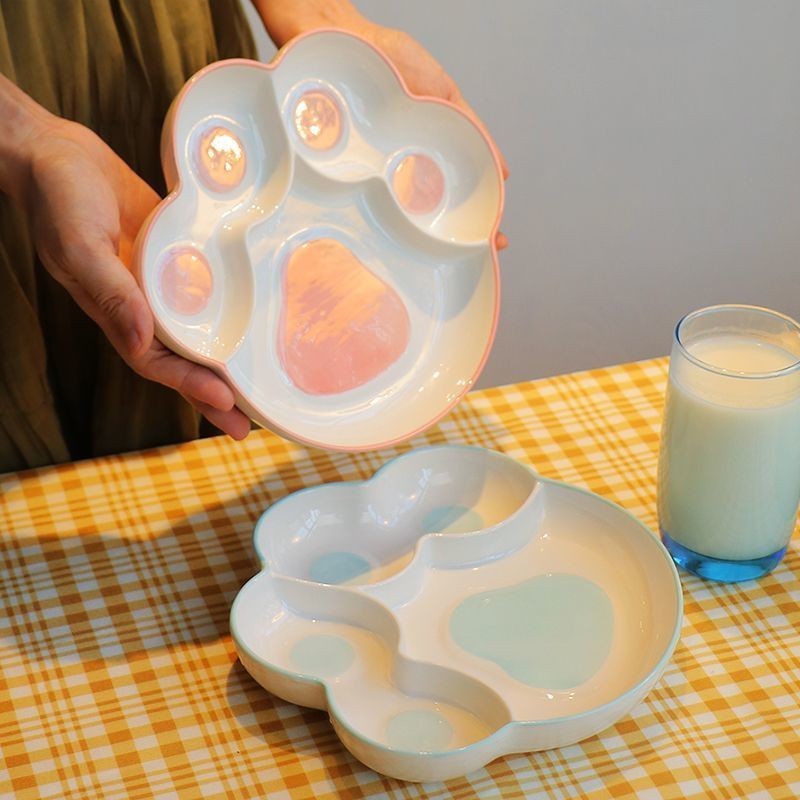 分格貓爪減脂餐盤家用隔早餐餐具兒童陶瓷減肥定量盤子三格分餐盤
