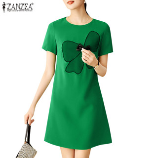 Zanzea 女式韓版通勤時尚派對短袖圖案中長連衣裙