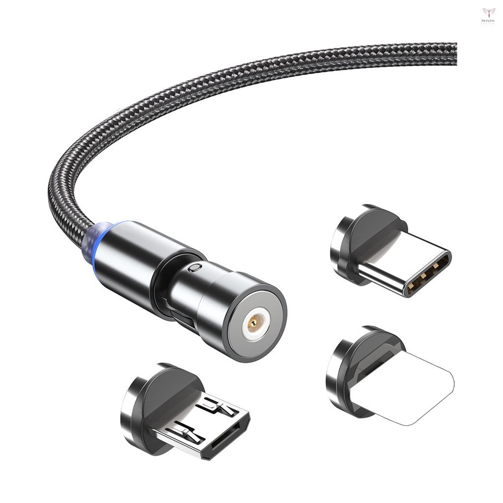 Uurig)3 合 1 磁性充電線尼龍編織充電線帶 LED 燈兼容 iOS/Micro USB/Type-C 設備,黑色