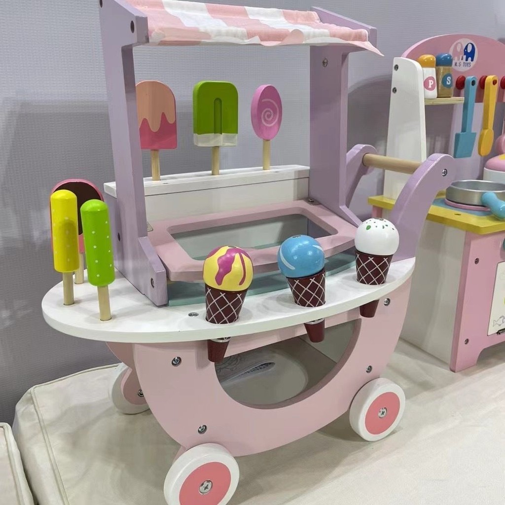 木製廚房玩具 過家家仿真冰淇淋 小推車 兒童便利車玩具 超市仿真推車 冰棒玩具