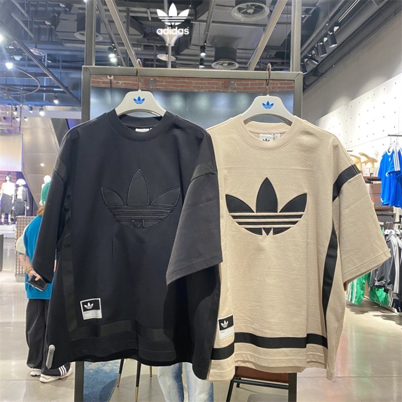 Adidas 愛迪達 Oversize T恤 男子24新款刺綉三葉草五分袖T恤 情侶美式街頭風圓領半袖上衣 重磅短T I