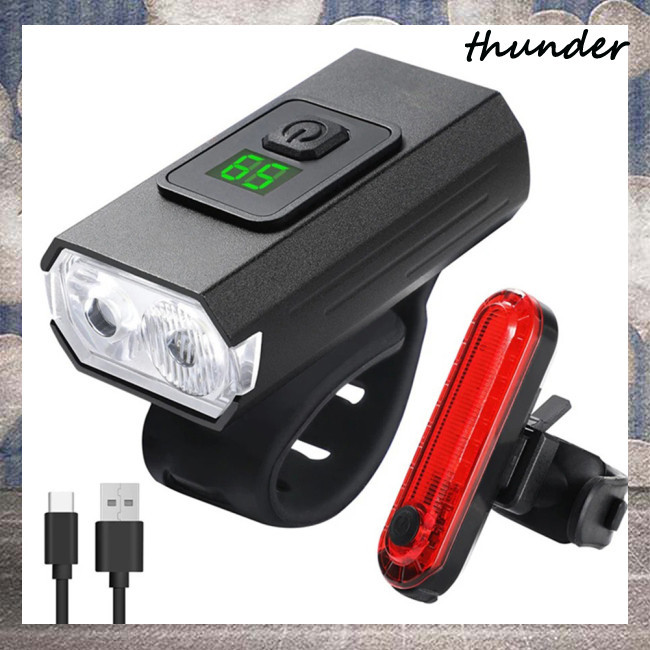 Thunder 自行車頭燈和尾燈組,6 種燈光模式自行車頭燈,帶 2 個明亮 LED,Type-C USB 充電