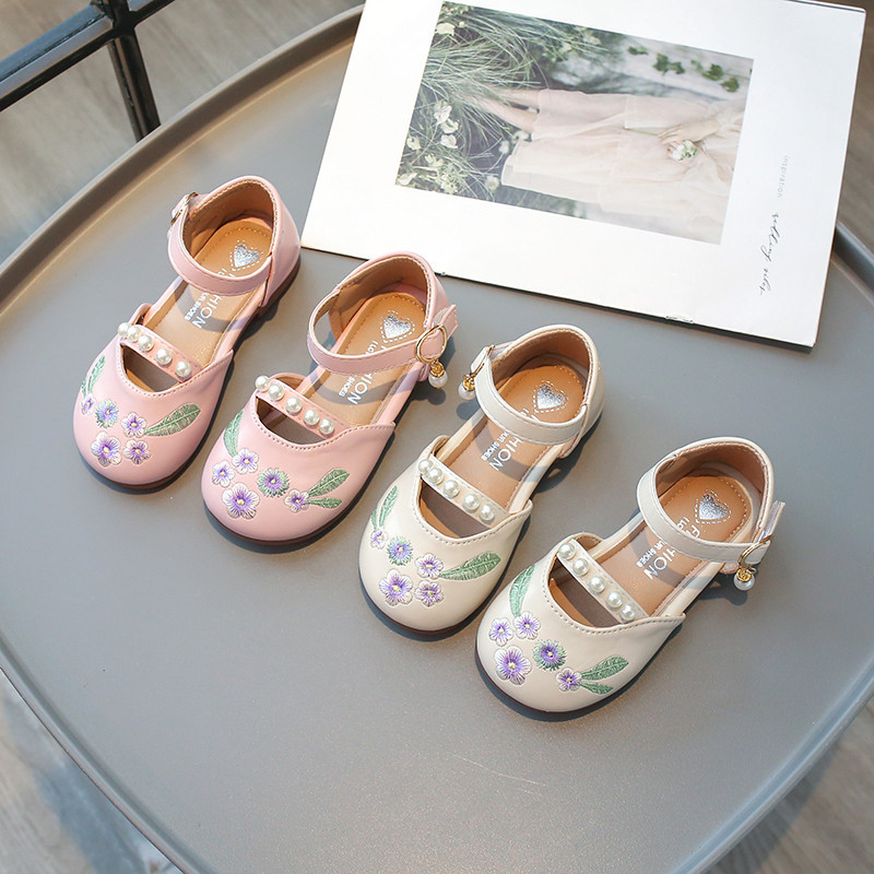 韓版刺繡女寶寶真皮半涼鞋古風珍珠花朵防滑兒童平底鞋2-16歲