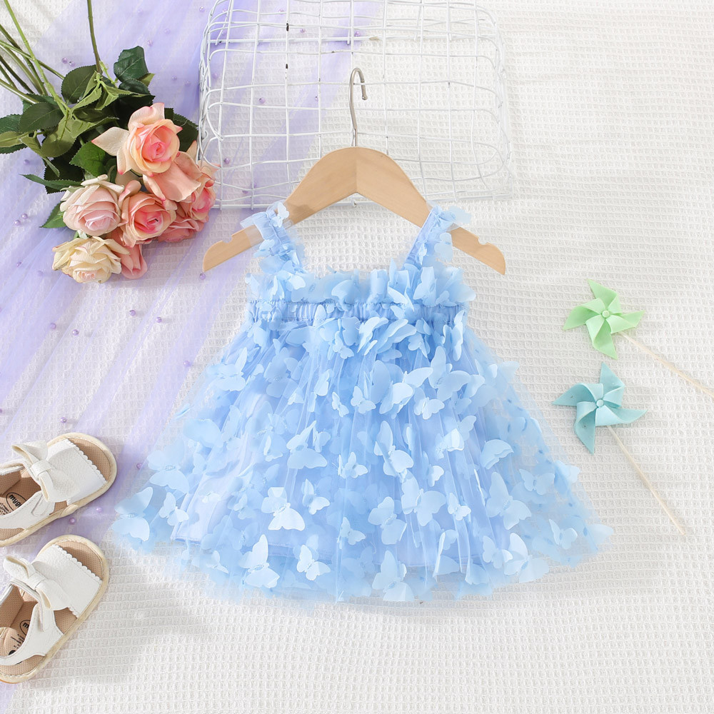 嬰兒藍色連衣裙女嬰美麗蝴蝶紗芭蕾舞短裙兒童生日