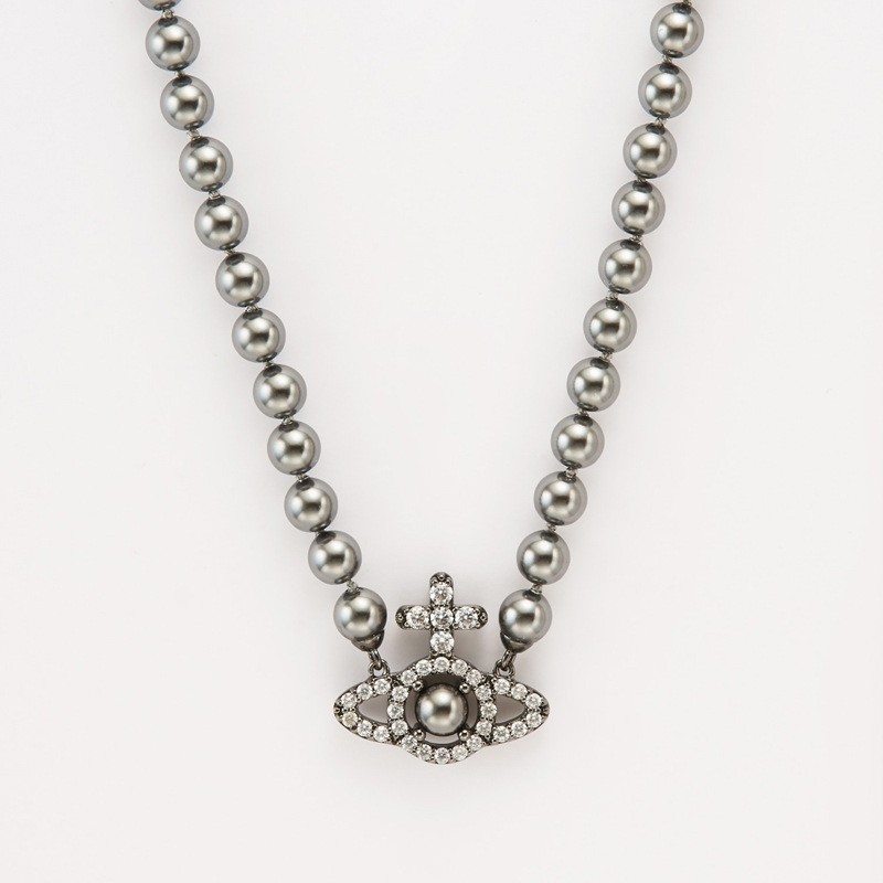 Vivienne Westwood 土星OLYMPIA十字線條珍珠槍灰色項鍊女
