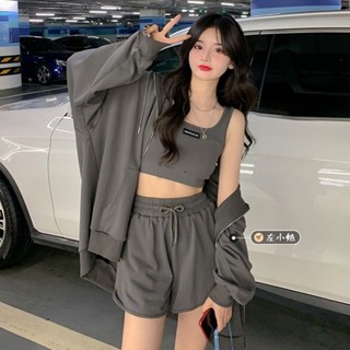 💖臺灣出貨💖休閒運動風套裝 夏天新款氣質套裝女拉鏈外套寬松褲子性感背心學生休閑運動三件套