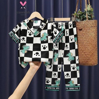 105-155CM 夏季男童冰絲短袖長褲睡衣 中兒童卡通V領休閒家居服套裝 現貨 快速出貨