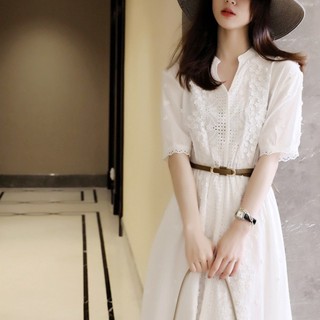 FJL白色蕾絲洋裝女~夏季新款鏤空法式清新甜美超仙女裙子 Y7NA