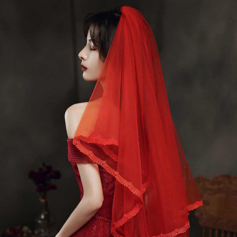 登記1428好評主題新娘領證人結婚拍照道具蕾絲頭紗森系超仙紅色頭飾復古