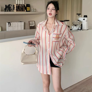IELGY 條紋polo領長袖襯衫女寬鬆休閒刺繡上衣