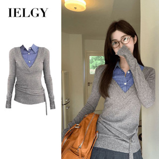 IELGY 拼色拼接polo領長袖t恤女修身上衣