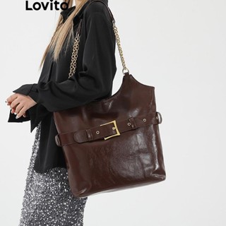 Lovito 優雅純色復古老花腰帶設計鏈條手提包女士 LFA59100