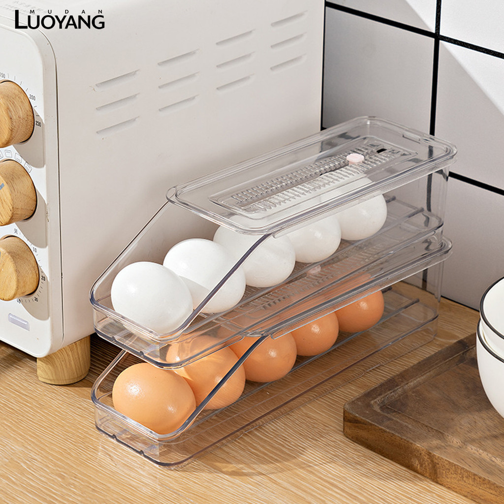 洛陽牡丹 2pcs冰箱側門簡約自動滾落雞蛋收納盒 翻蓋多層疊加冰箱保鮮雞蛋盒