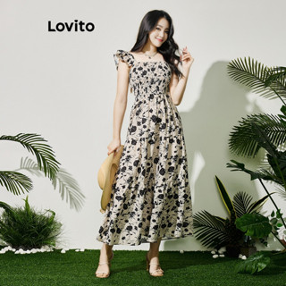 Lovito 波西米亞花卉縮褶分層女式鬆緊腰洋裝 LBL09349