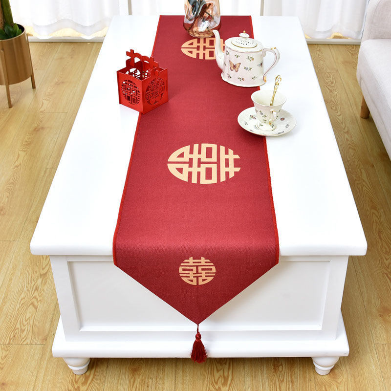 SANCENGQCBY 中式結婚桌旗 婚禮婚房裝飾蓋巾 紅色喜字訂婚桌布