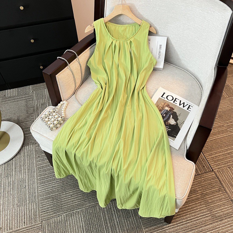 WVZK 海邊度假高級感裙子法式復古茶歇棉麻無袖掛脖酪梨綠洋裝夏季