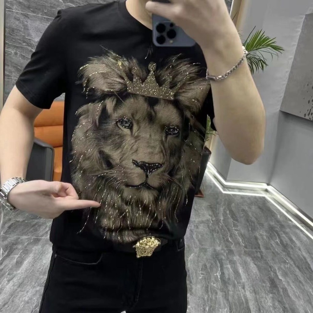 水鑽熱賣固定短袖t恤男士夏季新款時尚百搭修身獅子頭印花