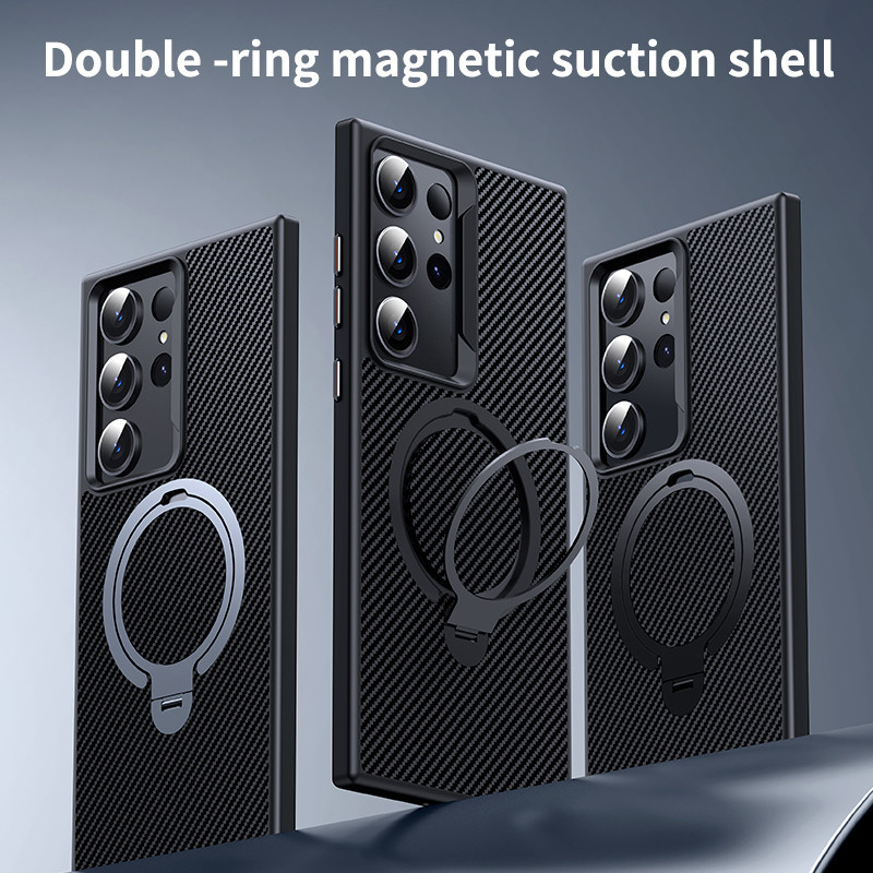 SAMSUNG 豪華碳纖維花紋360° 適用於三星 S24 S23 Ultra S24Plus PC 無線充電防震硬殼的