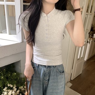灰色短袖T恤女士夏季緊身短版純棉休閒時尚韓版上衣