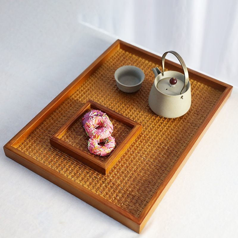 長方形藤編木托盤 酒店茶具簡易茶盤 下午點心蛋糕盤