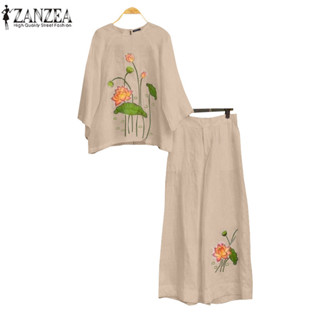 Zanzea 女式韓版休閒印花寬鬆圓領日常上衣和長褲
